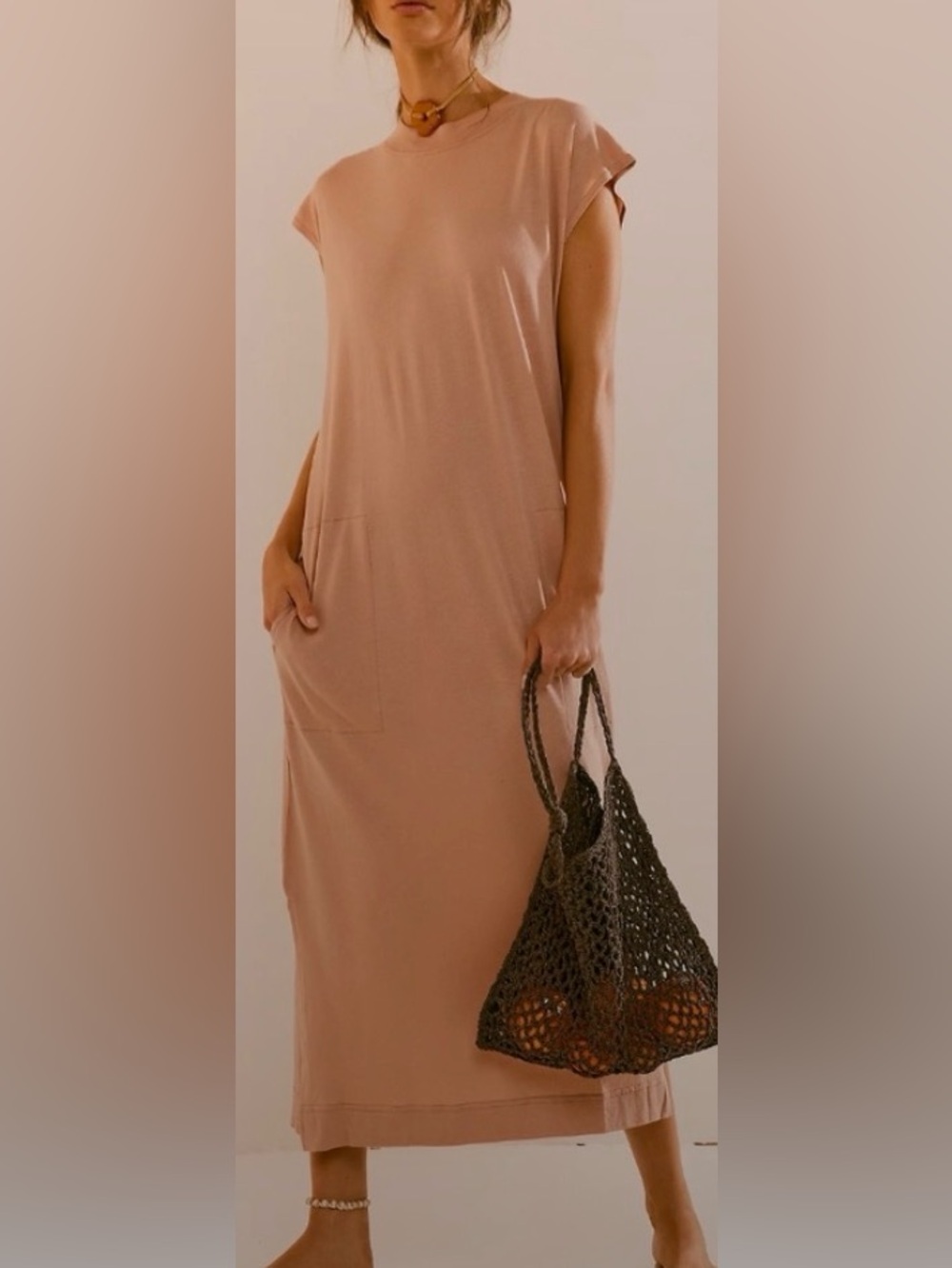 Free People Tan Maxi Dress Medium Neutral Boho Spring Summer Flowy Minimal